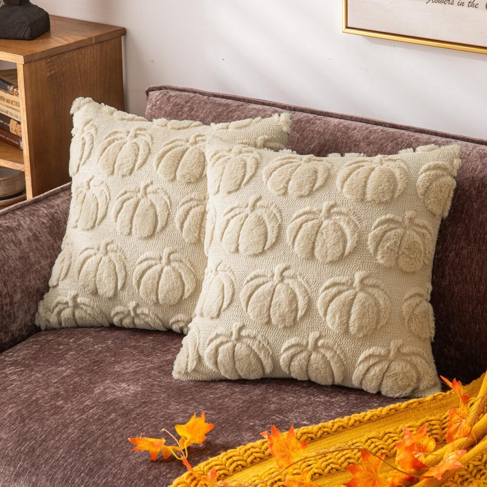 1898 Beige Pumpkin Fall Decorative Throw Pillow Covers 18"x18", Set of 2